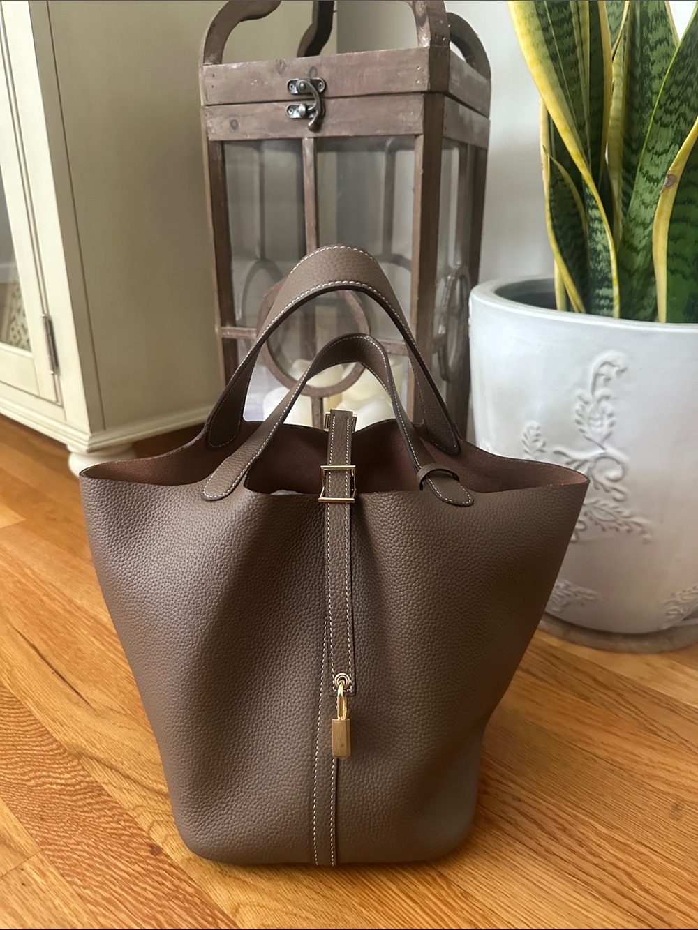 Brown Pebbled Leather Bucket Tote